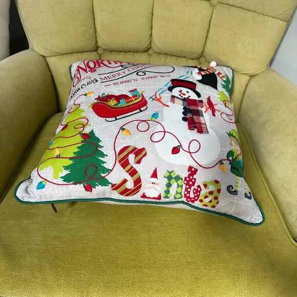 Pier 1 Imports Christmas Lights North Pole Snowman Elf Penguin Pillow 17" x 17" - Picture 5 of 11
